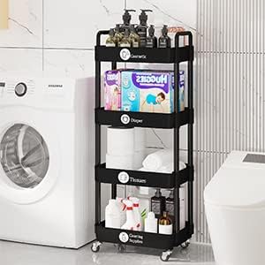 Laiensia 4-Tier Rolling Cart with Wheels,Multifunction Utility Storage carts, Kitchen Storage Organizer,Mobile Shelving Unit for Bathroom,Laundry,with Classified Stickers,Black-NeatNest