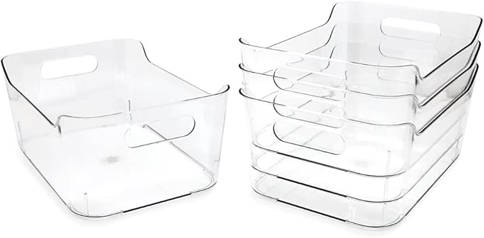 Isaac Jacobs 4-Pack Small Clear Storage Bins (9.4” x 6.7” x 4.1”) w/Handles, Plastic Box Set, Home, Office, Fridge, Freezer, Kitchen, Pantry Organization Container, BPA-Free/Food Safe (Small, 4-Pack)