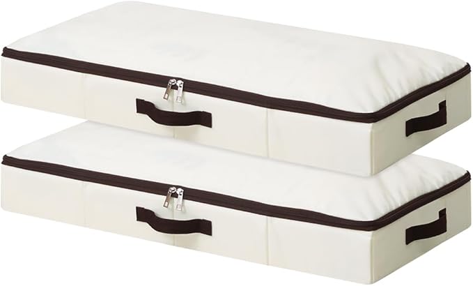 2Pcs Under-Bed Storage Bins with Sturdy Handles, Toy Storage Organizers, Clothes Storage, Rigid Folding Under Sofa Storage for Clothing, Quilts, Wrapping Paper (Beige, 29.5*15*4")-NeatNest