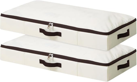 2Pcs Under-Bed Storage Bins with Sturdy Handles, Toy Storage Organizers, Clothes Storage, Rigid Folding Under Sofa Storage for Clothing, Quilts, Wrapping Paper (Beige, 29.5*15*4")-NeatNest