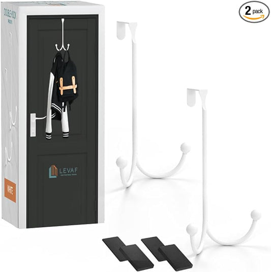 2-Pack Over The Door Hooks - with 2 Hang Heads & Snug Fit Pads Heavy Duty Hook for Hanging Coats, Towels, Caps & Robes - Elegant Matt Finish - No Drill Hanger Organizer - White