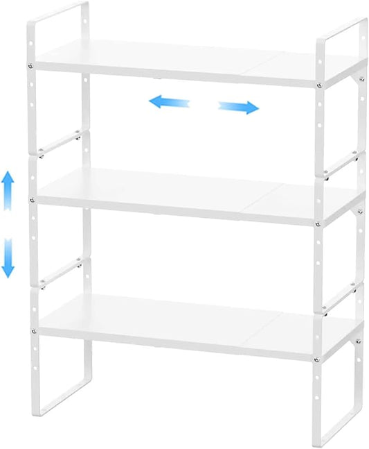Expandable Kitchen Cabinet Shelf Organizers 3 Pack, Stackable Metal Pantry Storage Shelves Rack, Adjustable Counter Shelf for Cabinets, Countertop, Cupboard Organizers and Storage, White-NeatNest