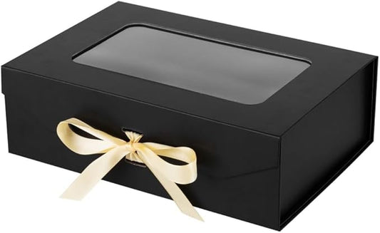 Black Gift Box for Presents with Ribbon 10.8x7.5x3.5 Inches Clear Gift Box with Window Magnetic Closure Gift Boxes with Lids-NeatNest