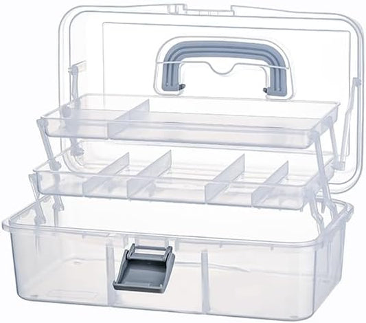 BangQiao 2-Tier Trays Clear Gray Plastic Storage Container Organizer Box, Multipurpose Portable Carrying Case with Latch Lock and Handle for Art, Craft, Sewing Supplies, First Aid, Makeup