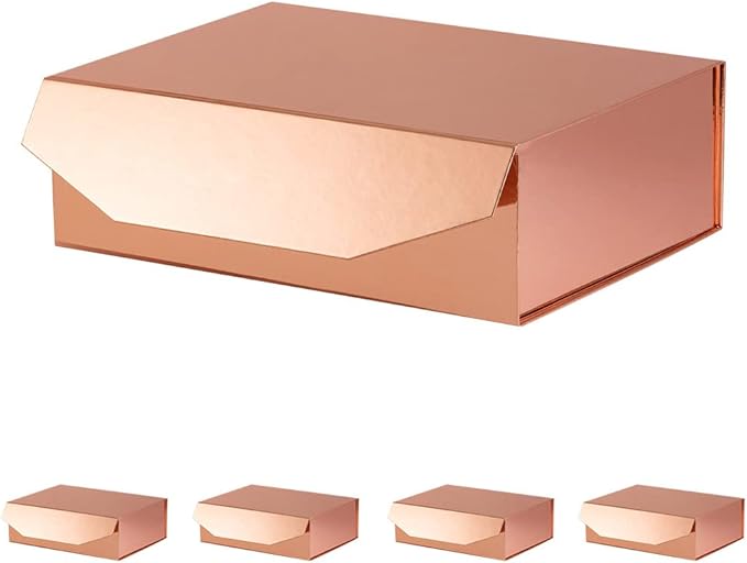 5 Rose Gold Large Gift Boxes with Lid 13x9x4 Inches, Bridesmaid Proposal Boxes, Hard Collapsible Gift Box with Magnetic Closure, Groomsman Box Reusable Gift Box for Cloth (Glossy Rose Gold)-NeatNest