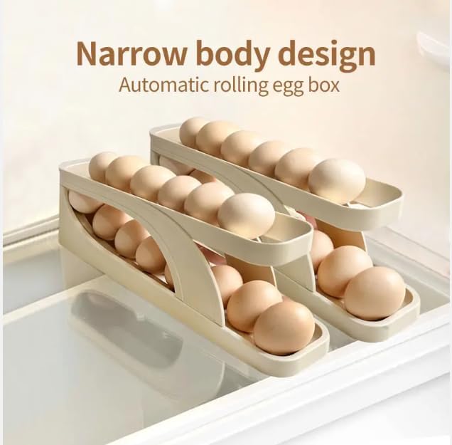 Generic Egg Dispenser for Refrigerator or Kitchen Countertop, Automatic Roll Down Egg Storage for Fridge, Space Saving Gravity Fed Egg Holder and Organizer Tray (Beige/Off White)