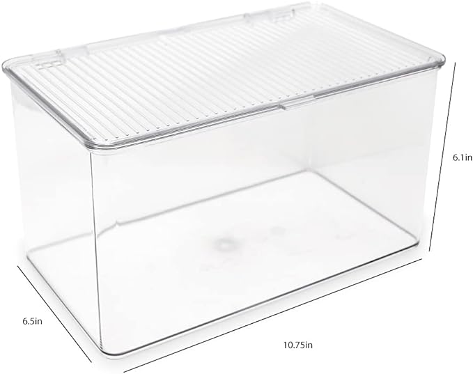 Isaac Jacobs Large Stackable Organizer Bin (10.75” x 6.5” x 6.1”) w Hinged Lid Clear Storage Box Home Office School Fridge Bathroom Kitchen Pantry Container BPAFree Food Safe (Large Clear)