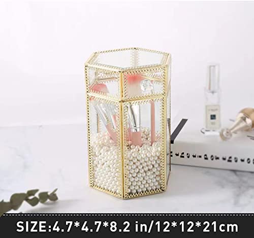 Glass Makeup Brush Holder with Lid Organizer Vintage Cosmetic Hexagonal Display Cases Brush Storage with Free White Pearls - Gold-NeatNest