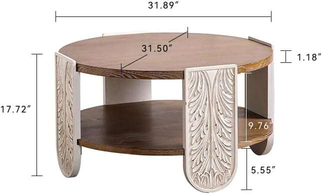 kevinplus 31.89'' Round Wood Coffee Table 2-Tier Circle Craft Rustic Coffee Table for Living Room, Modern Retro Farmhouse Carved Style, Easy Assembly, Natural Wood