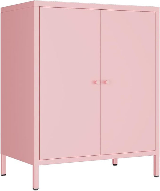 2 Doors Locker Metal Storage Cabinet, Accent Storage Cabinet with Shelves, Freestanding Metal Sideboard for Small Spaces, Living Room, Dining Room, Entryway (2 Door Cabinet, Pink)