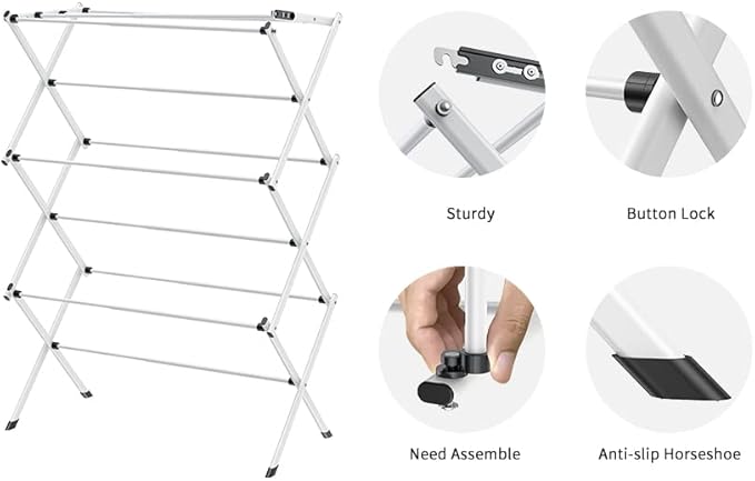 3-Tier Clothes Drying Rack Foldable | Foldable Clothing Drying Rack | Laundry Drying Rack Collapsible |Small Dry Rack Use for Laundry Room, Dorm,-White+Black