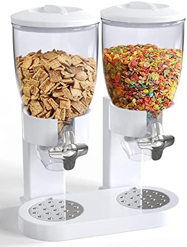 Dual Food Dispenser - Dry Food Dispenser Perfect As A Candy, Nuts, Rice, Granola, Cereal & more Dispenser. Dispenses 1 Ounce Per Twist! Stores Food, and Keeps Your Food fresh (White)-NeatNest