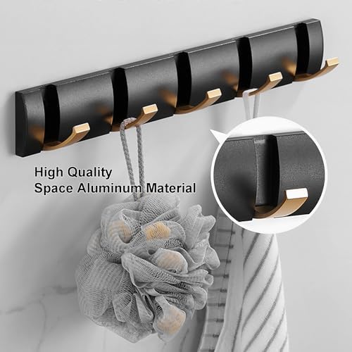 Coat Rack Wall Mounted with 5 Folding Hooks, 15.8 Inch Space Saving Wall Coat Hook, Black Gold Towel Hooks for Bathroom, Bedroom, Entryway, Hats, Scarves, Umbrella and Keys-NeatNest