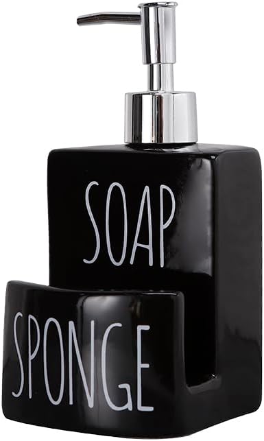 Ceramic Soap Dispenser with Sponge Holder - 2-in-1 Countertop Soap Pump Dispenser for Sink, Useful Kitchen Gadget - Black-NeatNest