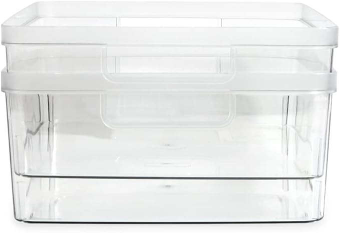 Isaac Jacobs 2-Pack Large Clear Storage Bins (11.5” L x 14” W x 5.5” H) w/Cutout Handles, Plastic Organizer for Home, Office, Kitchen, Fridge/Freezer, Bathroom, BPA Free, Food Safe (Large)