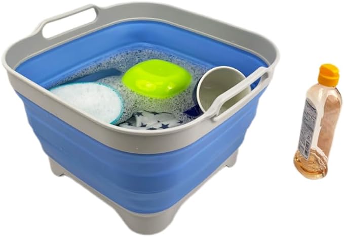 SAMMART 10L (2.64 Gallon) Collapsible Dishpan with Draining Plug-Foldable Washing Basin-Portable Dish Washing Tub-Space Saving Kitchen Storage Tray for Camping & RV (2, Little Boy Blue+Quartz Pink)