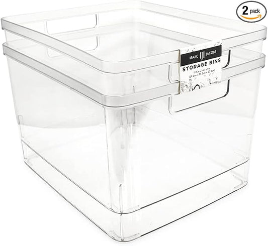 Isaac Jacobs 2-Pack Extra-Large Clear Storage Bins (11.5” L x 14” W x 9” H) w/Cutout Handles, Plastic Organizer for Home, for Kitchen, Fridge, Pantry, BPA Free, Food Safe (2-Pack, Extra-Large)