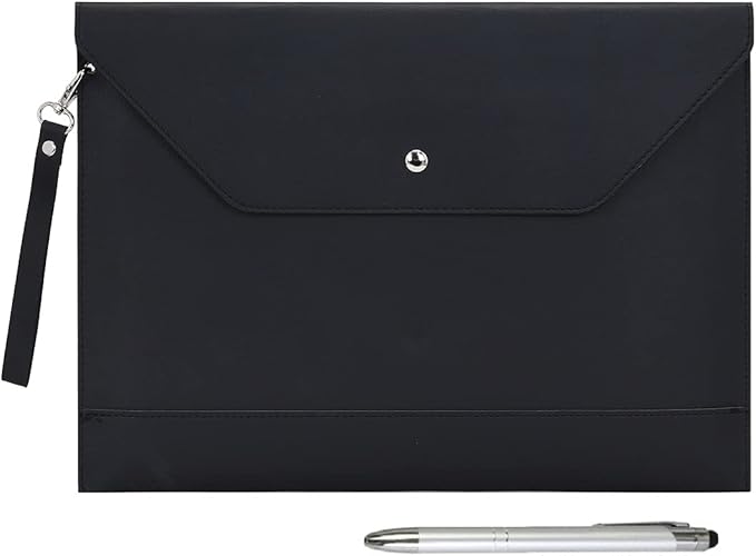 Wonderpool Envelope Case A4 PU Leather File Jacket Pocket Folder Document Case Bag with Removable Hand Strap and 4 Pocket for Documents Tablet Phone Stationery (Black)