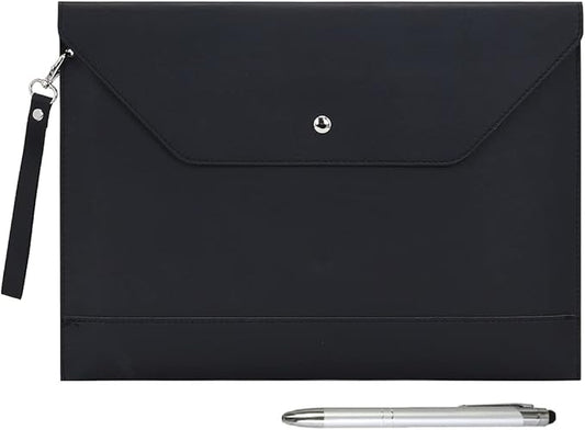Wonderpool Envelope Case A4 PU Leather File Jacket Pocket Folder Document Case Bag with Removable Hand Strap and 4 Pocket for Documents Tablet Phone Stationery (Black)