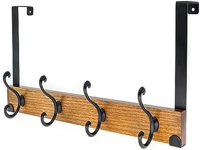creathome Dual-Purpose Wooden Hanger with 4 Ring Hooks Classic Color, Behind/Over The Door Towel Rack for Bathroom, Heavy Duty Wall Mounted Coat Rack, No Drilling