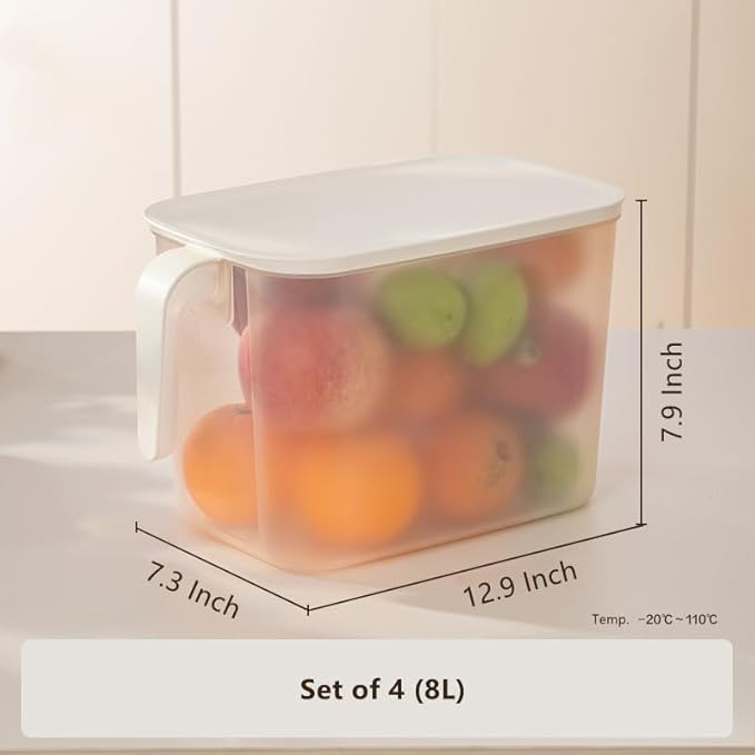MineSign 4Pack 8L Plastic Storage Containers with Lid Large Square Food Storage Organizer Stackable Refrigerator Organizer with Handle Kitchen Containers for Fruits Vegetables Meat Egg