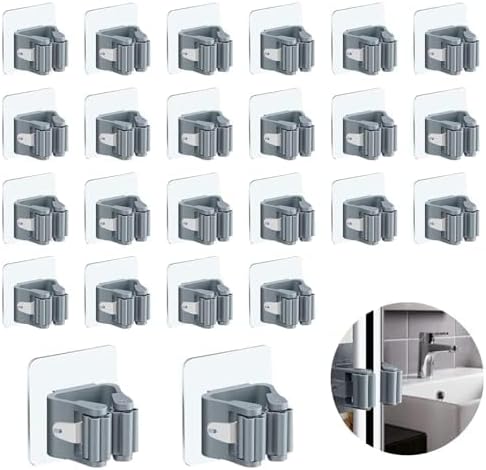 3-H 40-Pack Self Adhesive Broom Holder Wall Mount - Heavy Duty No Drill Broom Organizer for Garage Closet Kitchen, Plastic Storage Rack for Brooms Mops Tools, Grey