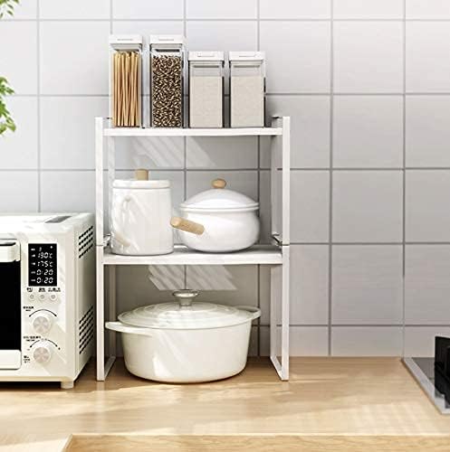 2pk Kitchen Cabinet Shelf Counter Organizer Rack Pantry Storage Bathroom Bedroom Office Table Desk Space Saving Steel Frame Stackable Rust Resistant Non Slip White-Tall- L13in W8.3in H9.5in-NeatNest