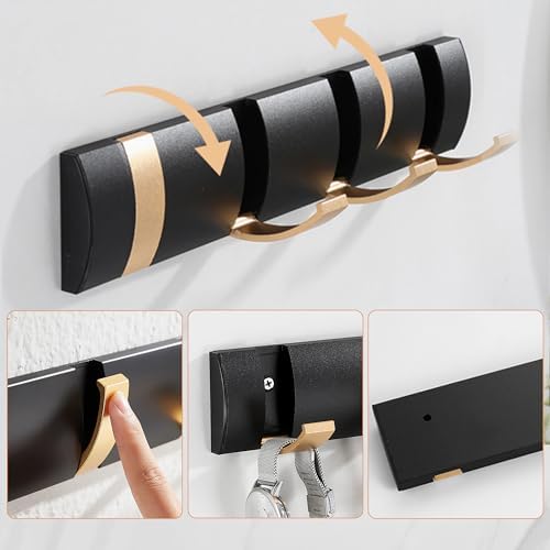Coat Rack Wall Mounted with 4 Hooks, 12.5 Inch Black Gold Modern Heavy Duty Wall Coat Hooks, Folding Space Saving Towel Hanger for Hanging Coats, Hats, Scarves, Umbrella and Keys-NeatNest