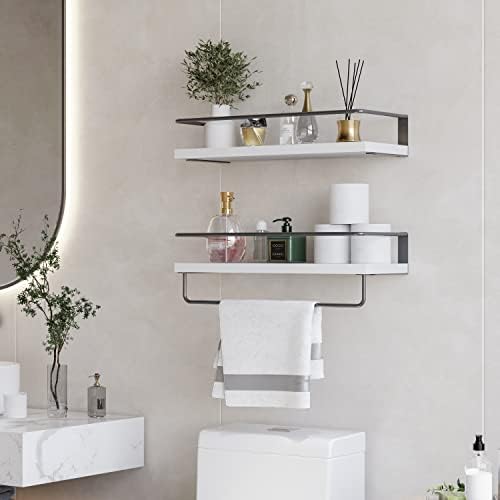 Onlysky White Floating Shelves with Dark Grey Towel Rack - Set of 2 Wall Mounted Hanging Bathroom Shelves, Decorative Shelves for Stylish Storage in Bathroom, Kitchen, Living Room & Bedroom