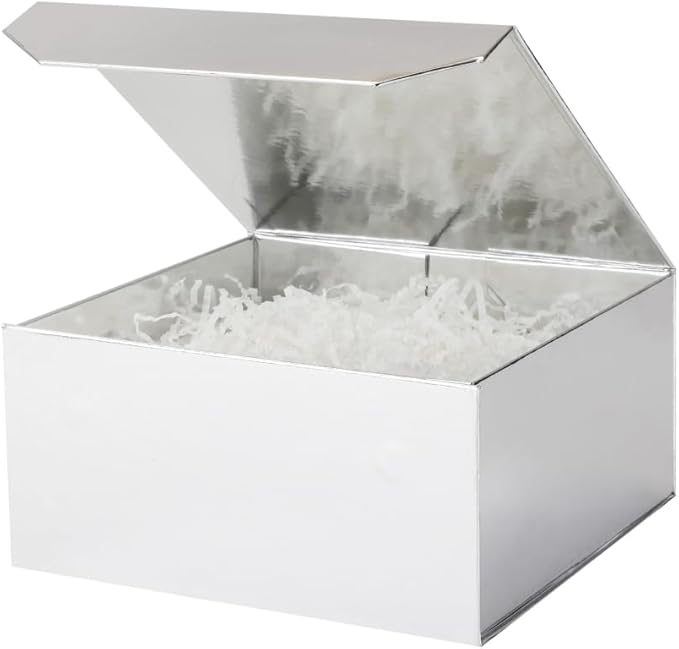 6 Pcs Small Silver Gift Box 8x8x4 Inch Magnetic Gift Box Small Magnetic Box with Crinkle Paper Silver Small Gift Box with Shredded Paper Luxury Gift Boxes with Lids for Presents-NeatNest