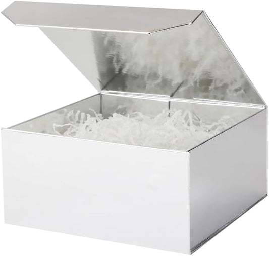 6 Pcs Small Silver Gift Box 8x8x4 Inch Magnetic Gift Box Small Magnetic Box with Crinkle Paper Silver Small Gift Box with Shredded Paper Luxury Gift Boxes with Lids for Presents-NeatNest