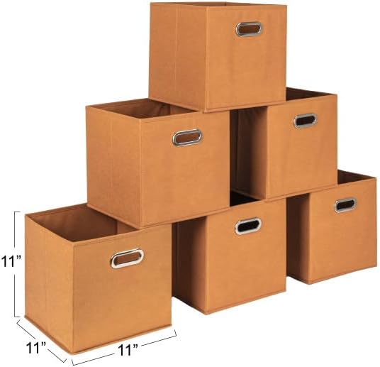 Household Essentials Fabric Storage Cube Bins, 6 Piece Set, Strong Poly-Woven Fabric, Chipboard Sides, Grommet Front Handle, Stackable and Foldable, Classic Design, Terracotta Color