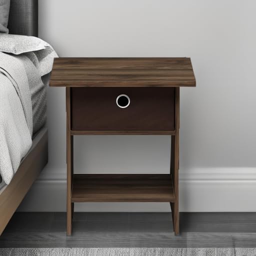 Furinno Dario End Table / Side Table / Night Stand / Bedside Table with Bin Drawer, 1-Pack, Columbia Walnut/Dark Brown
