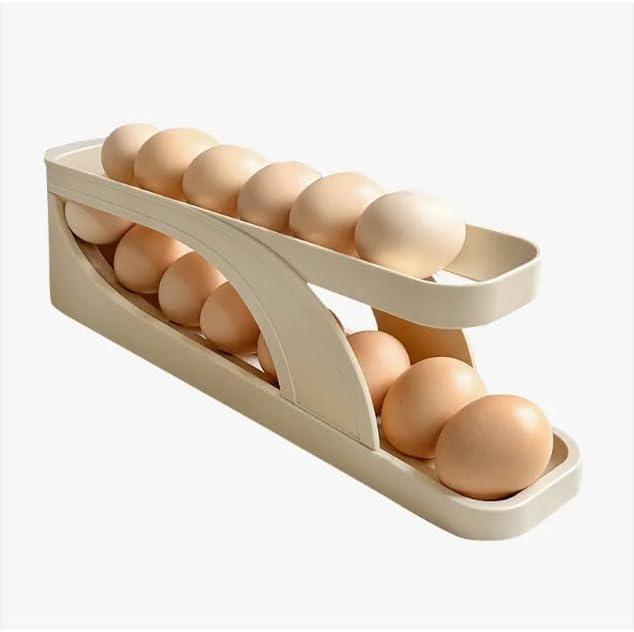 Generic Egg Dispenser for Refrigerator or Kitchen Countertop, Automatic Roll Down Egg Storage for Fridge, Space Saving Gravity Fed Egg Holder and Organizer Tray (Beige/Off White)