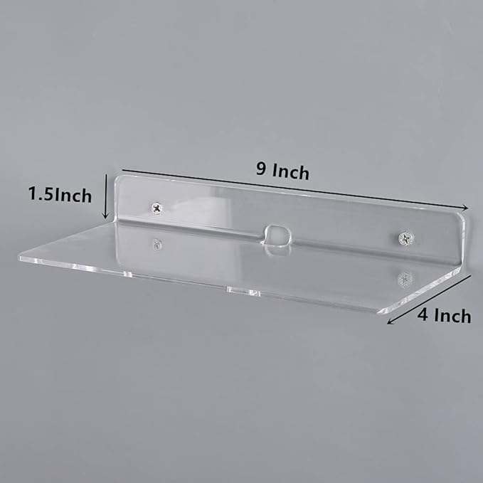 IEEK 4 PCS Clear Small Acrylic Floating Wall Shelves,9 Inch Adhesive Display Shelf for Nintendo Switch/Smart Speaker/Security Cameras/Action Figures,No Damage Expand Wall Space-NeatNest