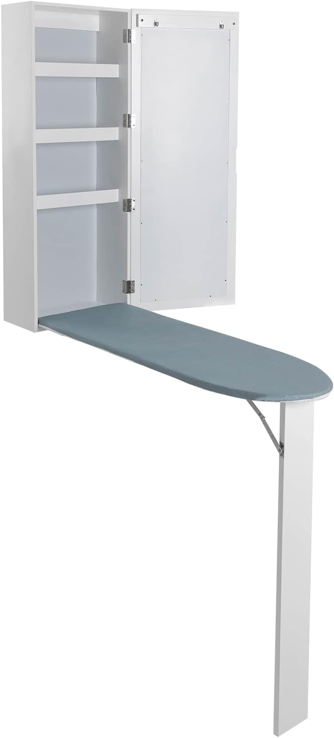 Wall-Mounted Ironing Board Cabinet, Ironing Board Holder with Mirror, Hidden Ironing Board, Ironing Board with Support Leg, Suitable for Home, Apartment