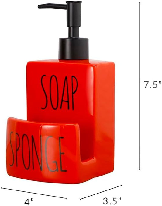 Ceramic soap Dispenser with Sponge Holder for Kitchen Sink Bathroom Counter top Storage and Organization (Red)-NeatNest