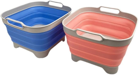 SAMMART 10L (2.64 Gallon) Collapsible Dishpan with Draining Plug-Foldable Washing Basin-Portable Dish Washing Tub-Space Saving Kitchen Storage Tray for Camping & RV (2, Little Boy Blue+Quartz Pink)