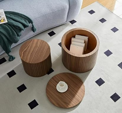 kevinplus Walnut Coffee Table Nesting Tables Set of 2 for Living Room, Modern Circle Drum Wood Small Coffee Table with Storage Contemporary Side Table End Table with Moveable Lid, Walnut