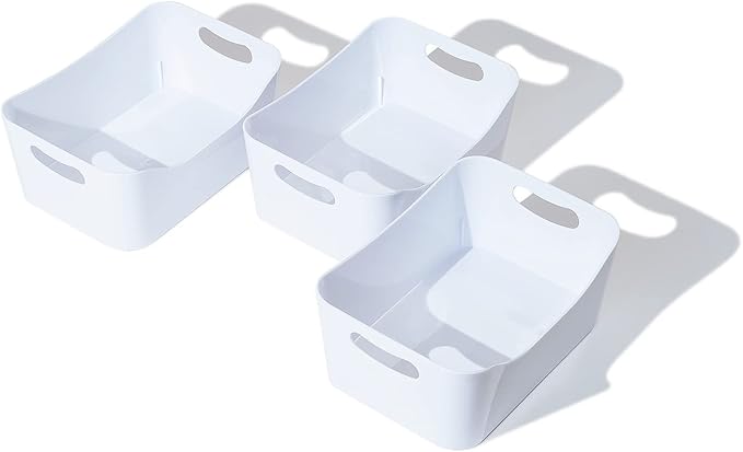 MATICAN Plastic Storage Bins with Handles, 3-Pack Small Pantry Storage Bins, Organizer Baskets for Kitchen, Bathroom, Bedroom, White, 9.6 x 6.6 x 4.1 Inches-NeatNest