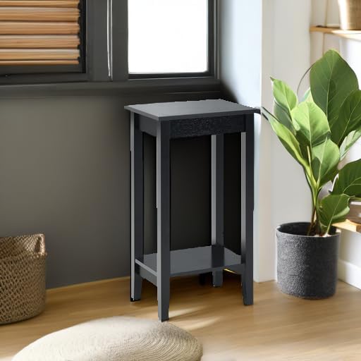 Giantex 2-Tier End Table Tall Nightstand, Simple Design Sofa Bedside Table with Versatile Shelf and Wooden Legs for Small Spaces, Living Room, Study, Bedroom, Narrow Telephone Table, Black