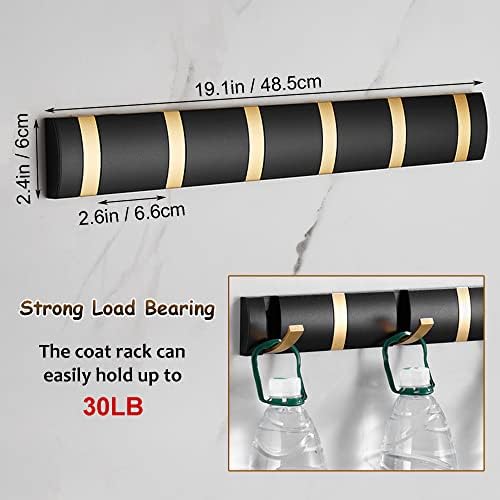 Coat Rack Wall Mount with 6 Hooks, 19.1 Inch Black Gold Modern Folding Coat Hook for Bathroom, Space Saving Towel Hooks for Hanging Coats, Hats, Scarves, Umbrella, and Keys-NeatNest
