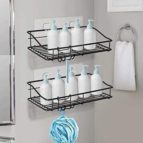 Nieifi Shower Caddy Shelf with Hooks Storage Rack Organizer Adhesive Stainless Steel Without Drilling for Bathroom, Lavatory, Washroom, Restroom, Shower, Toilet, Kitchen - 2 Pack (Black)-NeatNest