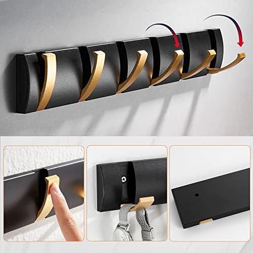 Coat Rack Wall Mount with 6 Hooks, 19.1 Inch Black Gold Modern Folding Coat Hook for Bathroom, Space Saving Towel Hooks for Hanging Coats, Hats, Scarves, Umbrella, and Keys-NeatNest