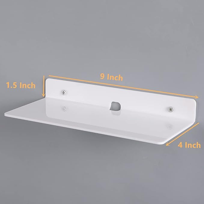 IEEK 9 Inch Acrylic Floating Shelves Set of 4,Small Wall Display Shelf for Bluetooth Speakers/Security Cameras/Nintendo Switch/Action Figures,Damage-Free Wall Shelves Stick-On Shelf,White-NeatNest