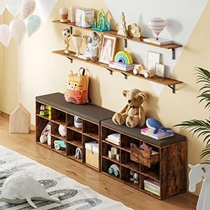 DINZI LVJ Shoe Bench, Entryway Storage Bench with Drawer and 8 Cubbies, Cubby Shoe Rack with Adjustable Shelves, Shoe Organizer Cabinet for Living Room, Bedroom, Mudroom and Garage, Rustic Brown-NeatNest