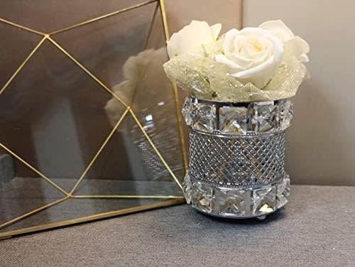 CY craft Silver Makeup Brush Holder Organizer,Handcrafted Vintage Cosmetics Brushes Eyebrow Pencil Pen Cup Collection, Crystal Flower Vase Desk Dresser Decoration and Storage,4.7 x 4 Inch-NeatNest