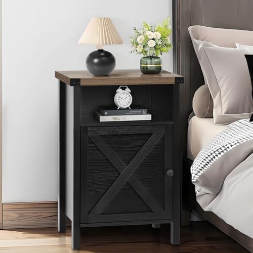 Black Farmhouse Nightstand, Side Table, End Table with Barn Door and Shelf, Rustic Modern Bed Night Stand for Bedroom, Living Room-NeatNest