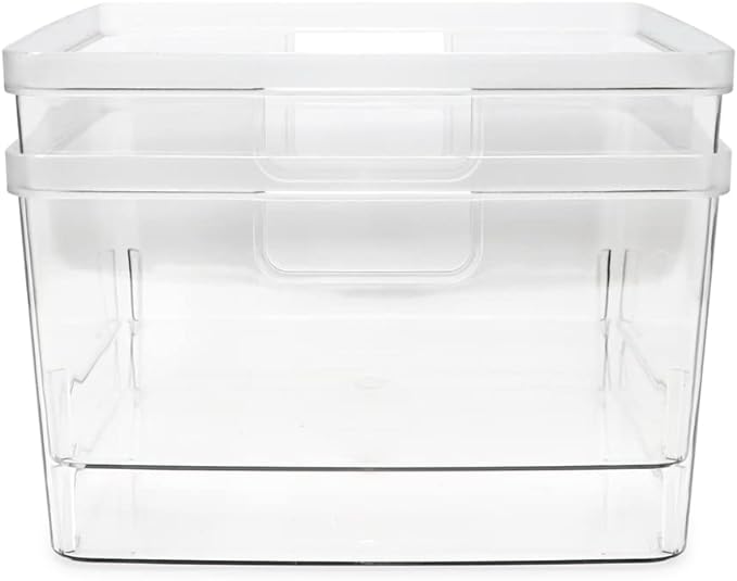 Isaac Jacobs 2-Pack Square Clear Storage Bins (10” L x 10” W x 6.1” H) w/Cutout Handles, Plastic Organizer for Home, Office, Kitchen, Fridge/Freezer, Bathroom, BPA Free, Food Safe (2-Pack, Square)