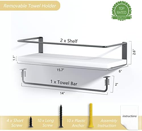 Onlysky White Floating Shelves with Dark Grey Towel Rack - Set of 2 Wall Mounted Hanging Bathroom Shelves, Decorative Shelves for Stylish Storage in Bathroom, Kitchen, Living Room & Bedroom